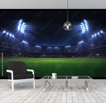 Picture of Universal grass stadium illuminated by spotlights and empty green grass playground grand sport building digital 3D background advertisement background illustration